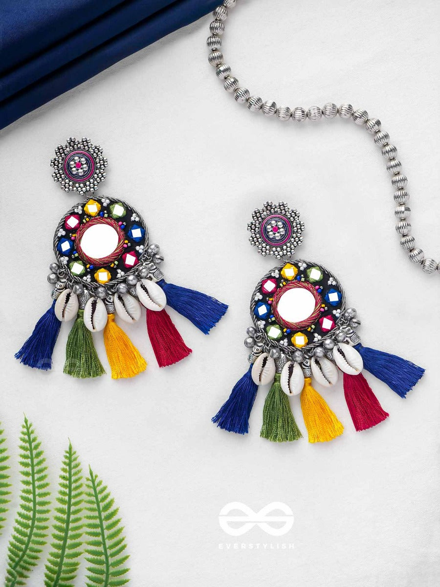 Manoharaakara - The Enchanting Shades - Mirror, Beads And Shell Embroidered And Oxidised Earrings