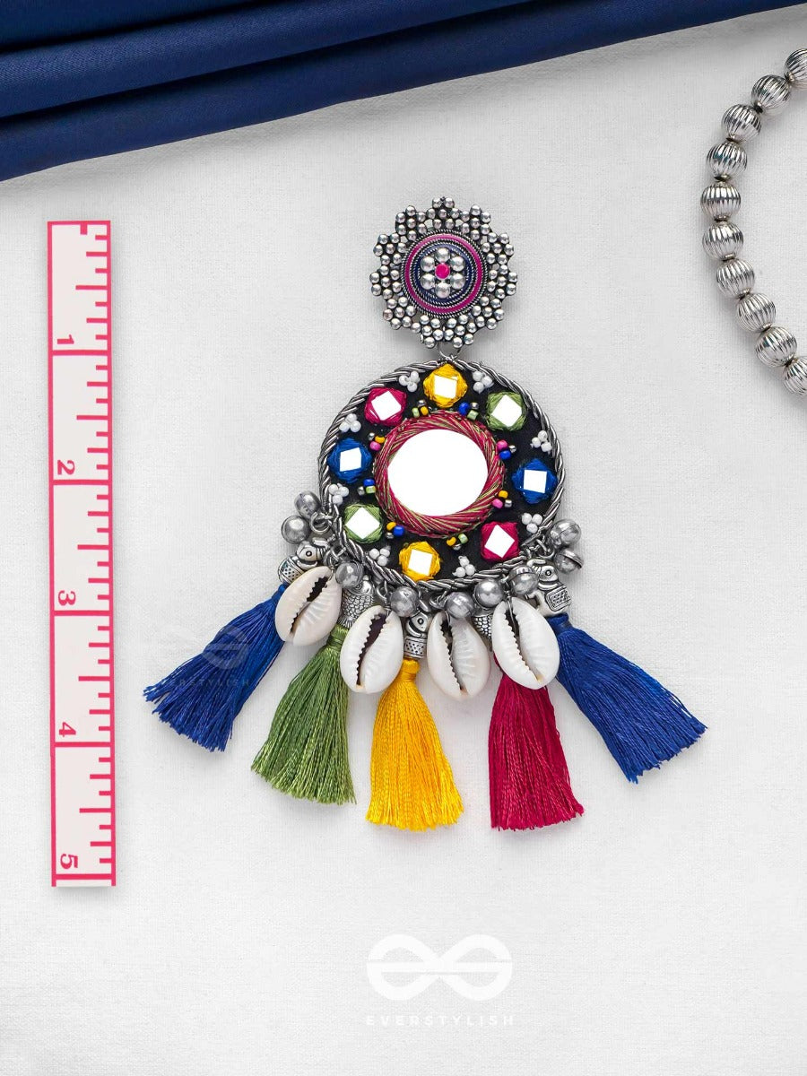 Manoharaakara - The Enchanting Shades - Mirror, Beads And Shell Embroidered And Oxidised Earrings