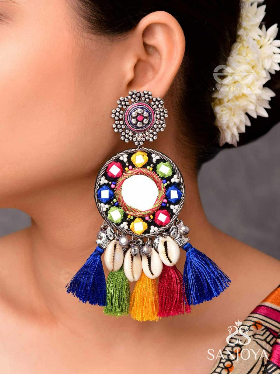 Manoharaakara - The Enchanting Shades - Mirror, Beads And Shell Embroidered And Oxidised Earrings
