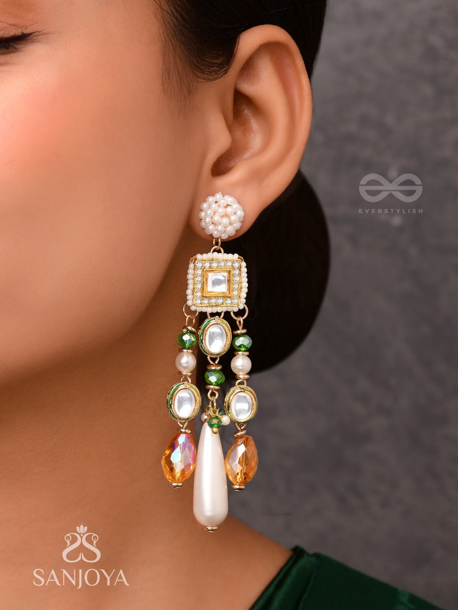 Karidant - The Ivory Elegance - Beads, Polki And Kundan Finished Hand Embroidered Earrings