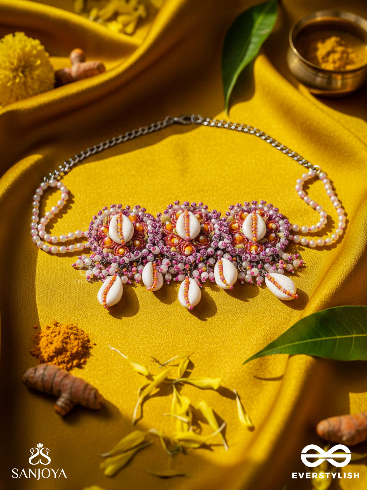 Drapa - Ocean Melody Blossoms - Shell And Beads Embroidered Necklace