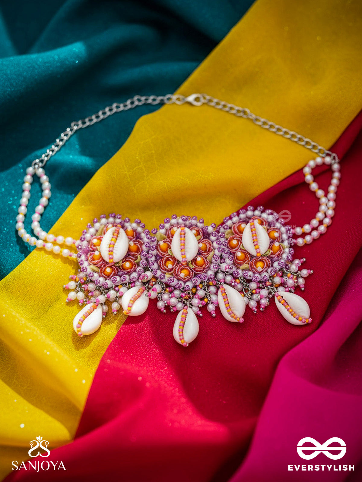 Drapa - Ocean Melody Blossoms - Shell And Beads Embroidered Necklace