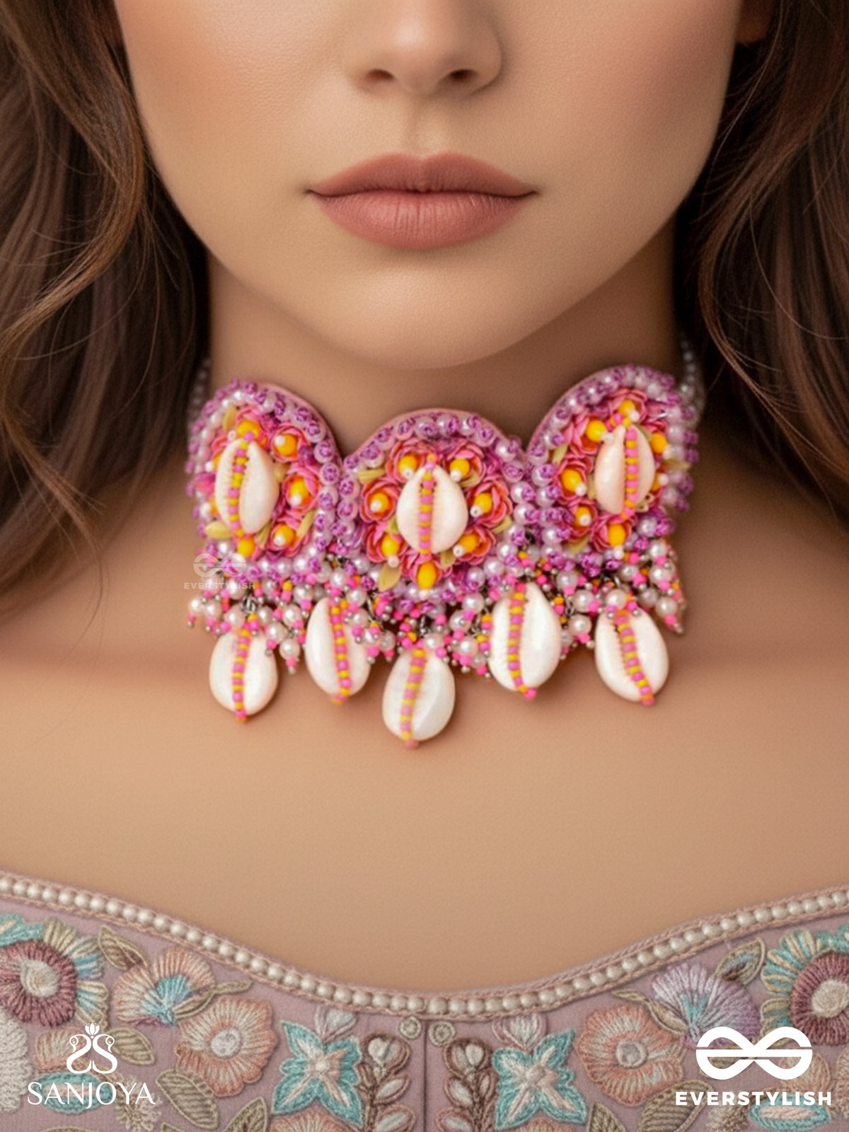 Drapa - Ocean Melody Blossoms - Shell And Beads Embroidered Necklace