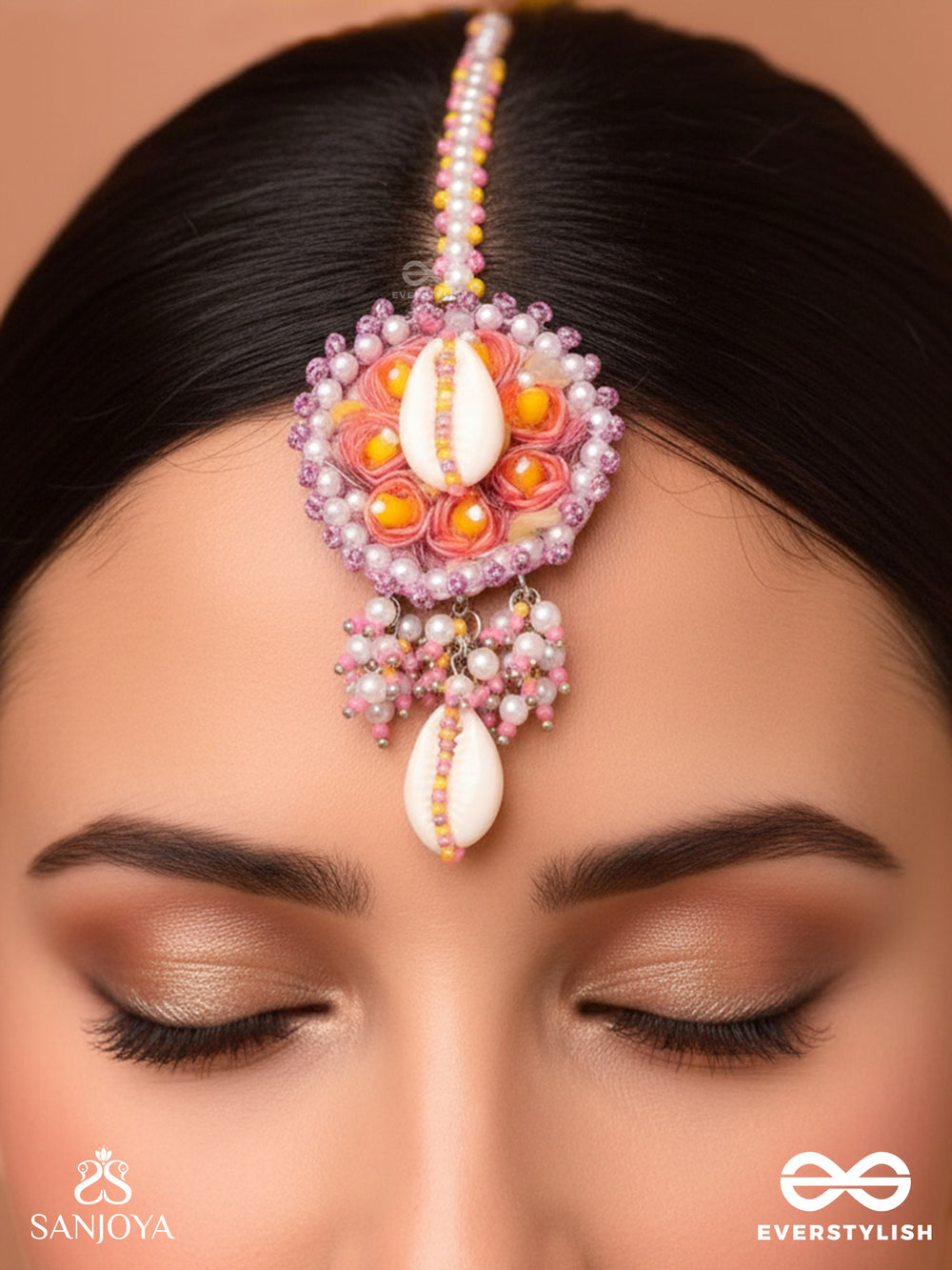 Kaakini - A Shell's Treasures - Shell And Beads Embroidered Maangtika