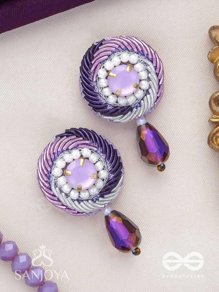 Arani - The Turning Round - Stone, Beads And Glass Drop Hand Embroidered Earrings