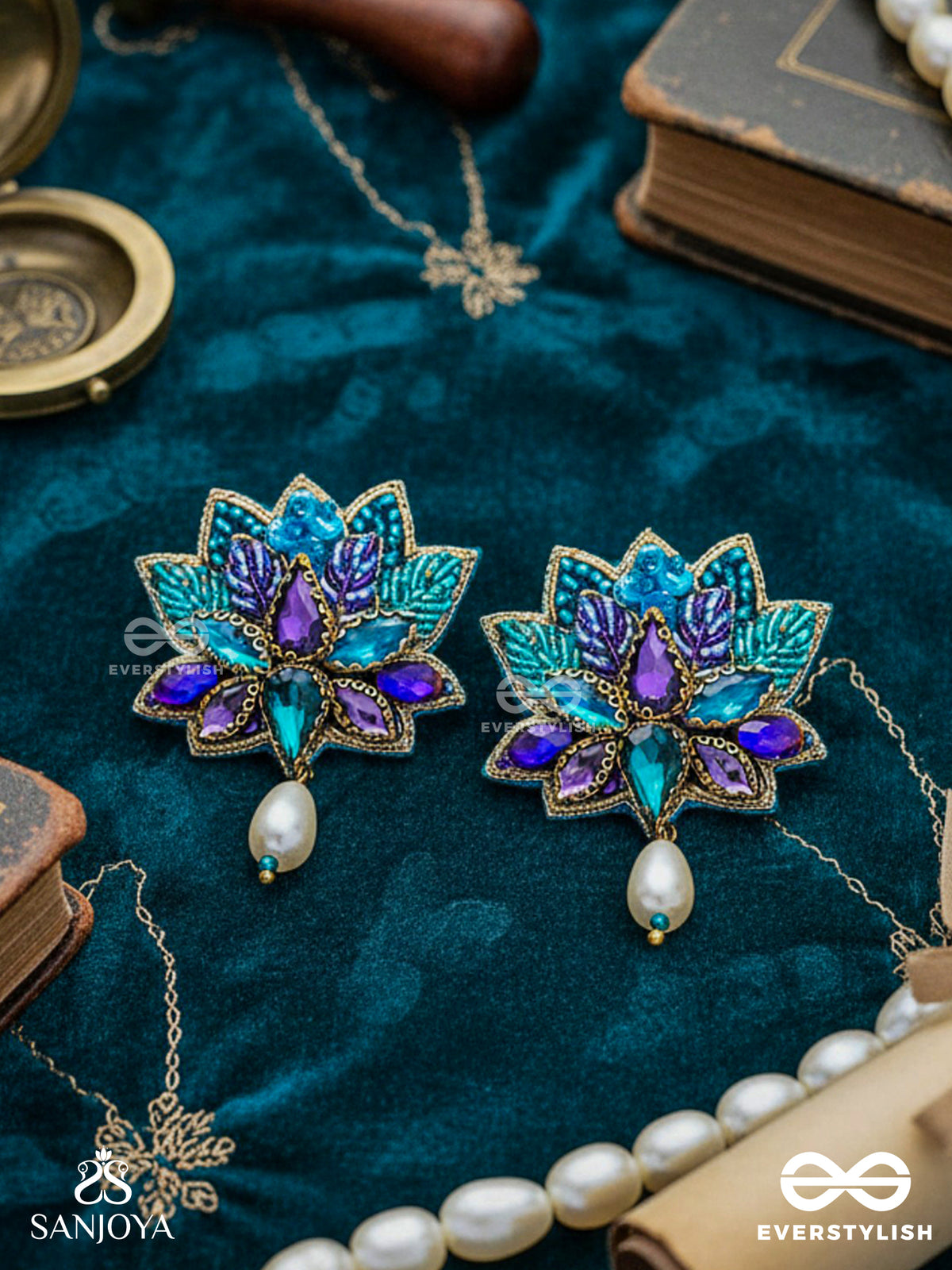 Kairavini- The Lustrous Lotus - Stone, Cutdana And Beads Embroidered Earrings