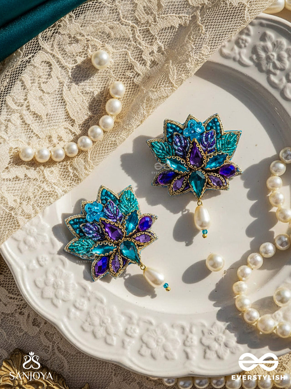 Kairavini- The Lustrous Lotus - Stone, Cutdana And Beads Embroidered Earrings