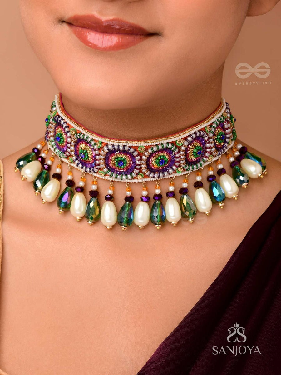Audayika - The Prosperous One - Sequins, Beads And Glass Drops Embroidered Neckpiece