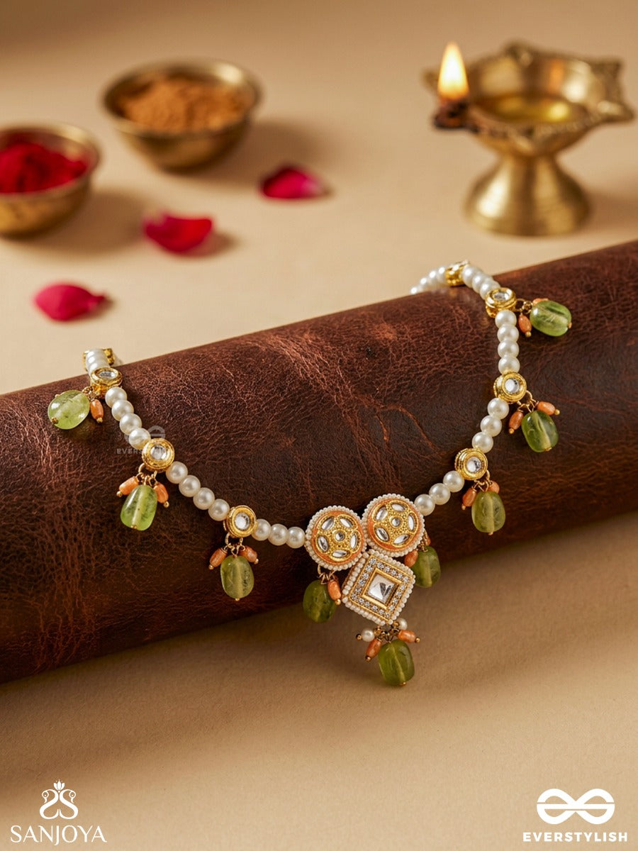 Anupta - Meadow Melody - Golden Embellished Polki And Kundan Finished Hand Embroidered Neckpiece