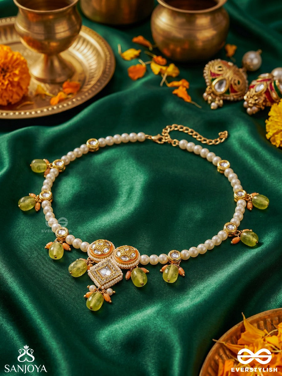 Anupta - Meadow Melody - Golden Embellished Polki And Kundan Finished Hand Embroidered Neckpiece