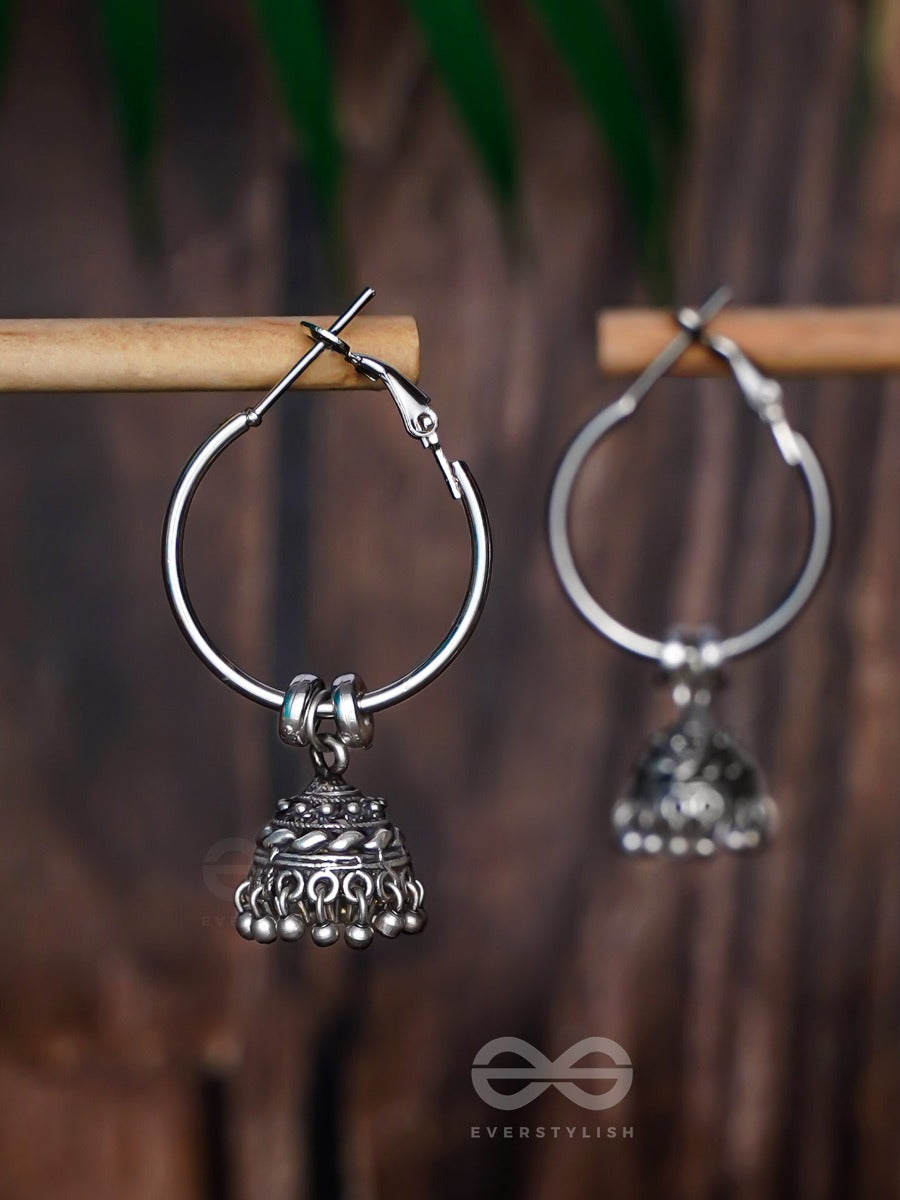 Moonlit Beams - Silver Oxidised Jhumka Earrings