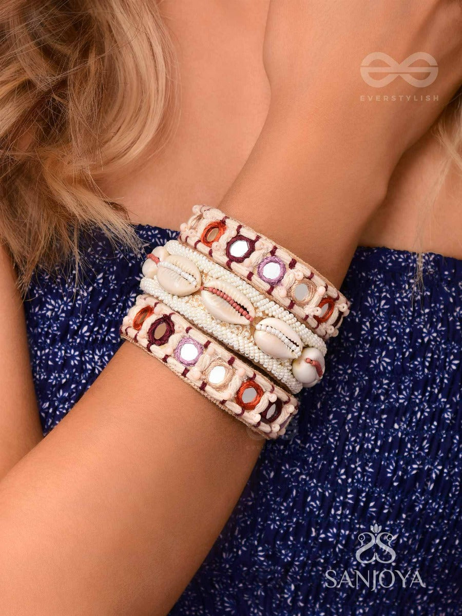 Bimbita- The Beach Reeflections - Mirror, Shells And Resham Embroidered Bangles (Set Of 3)