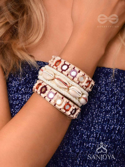 Shankhika – Shell Adornment – Set Of 3 Bangles With Cowrie Shell Centrepiece, White Beadwork, Mirror Accents And Multicolour Thread Embroidery