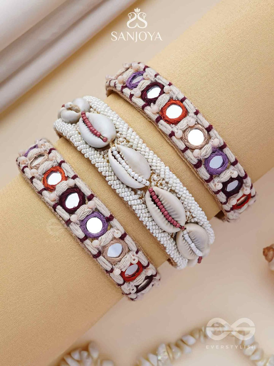 Bimbita- The Beach Reeflections - Mirror, Shells And Resham Embroidered Bangles (Set Of 3)