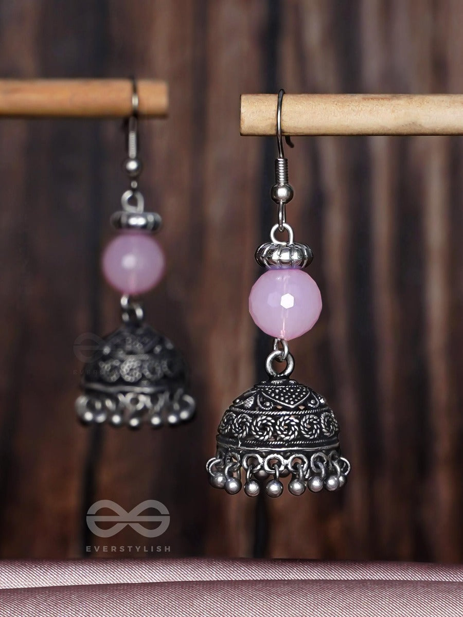Pink Mist Elegance - Oxidised Drop Jhumka Earrings