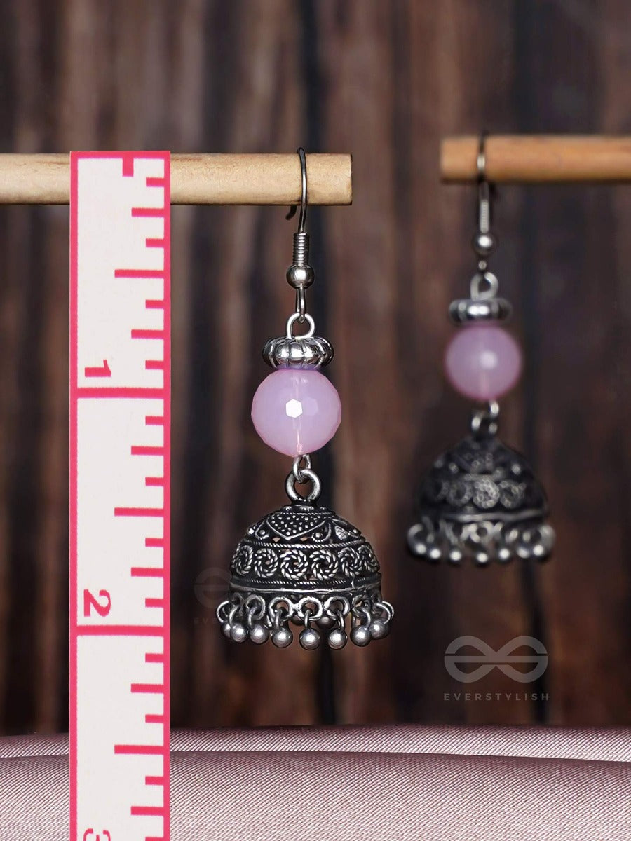 Pink Mist Elegance - Oxidised Drop Jhumka Earrings