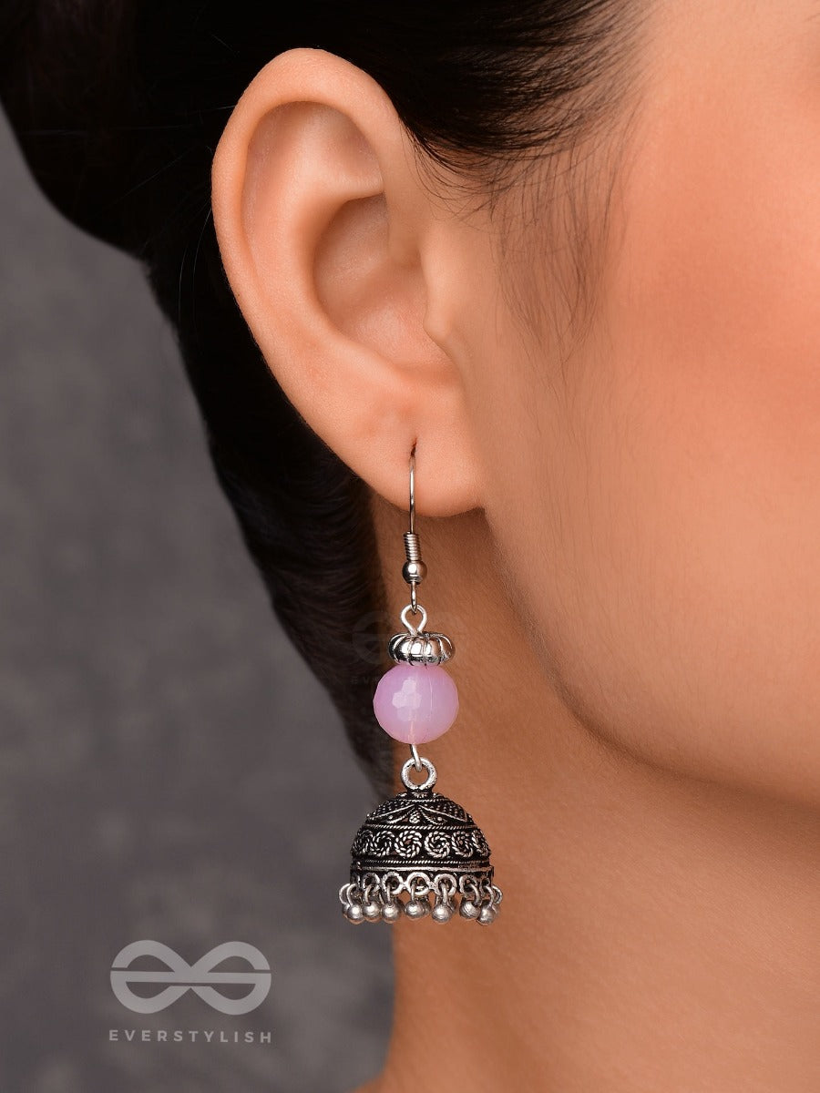 Pink Mist Elegance - Oxidised Drop Jhumka Earrings