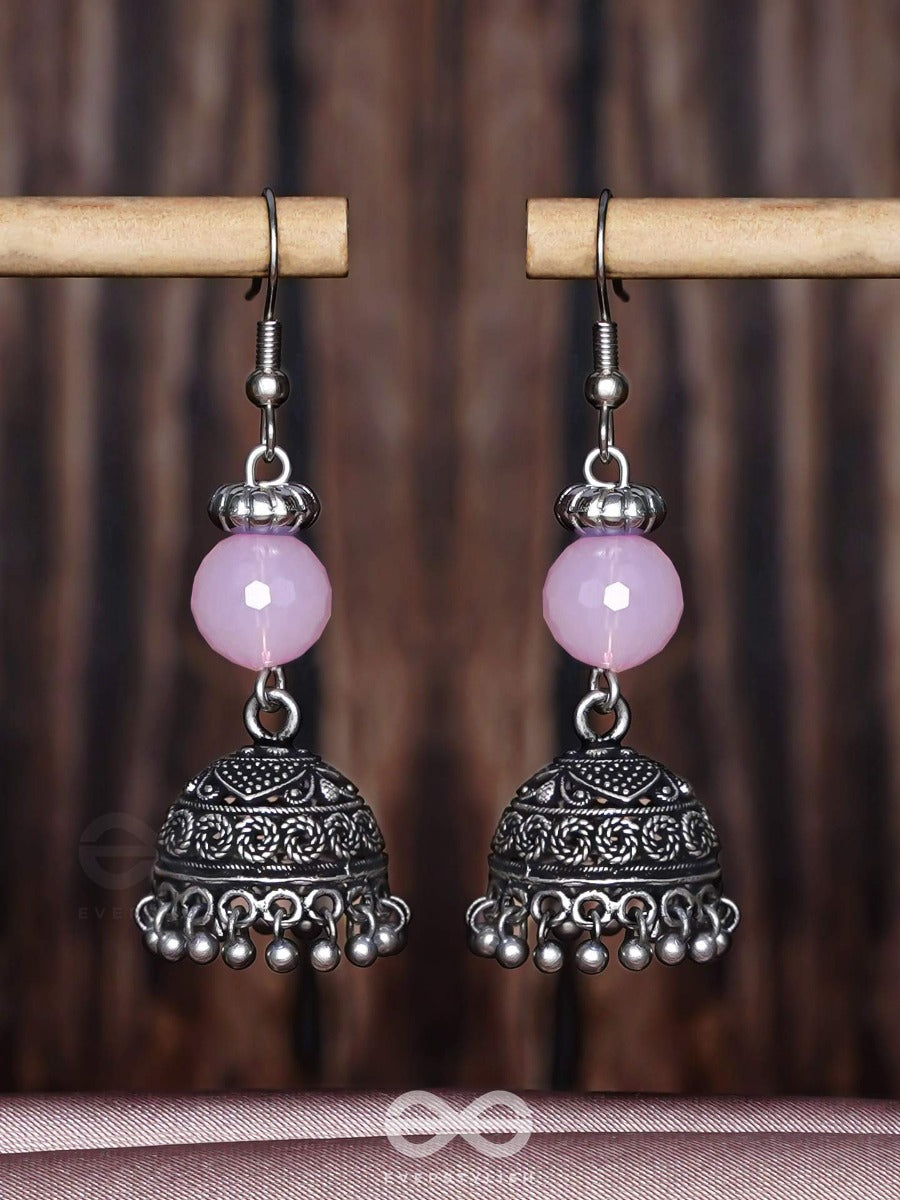 Pink Mist Elegance - Oxidised Drop Jhumka Earrings