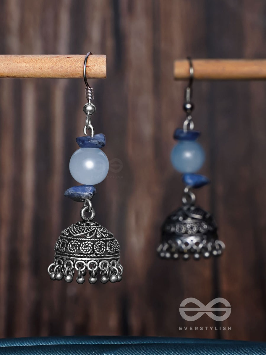 Antique Aqua Allure - Oxidised Drop Jhumka Earrings