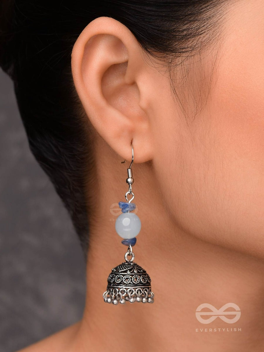 Antique Aqua Allure - Oxidised Drop Jhumka Earrings