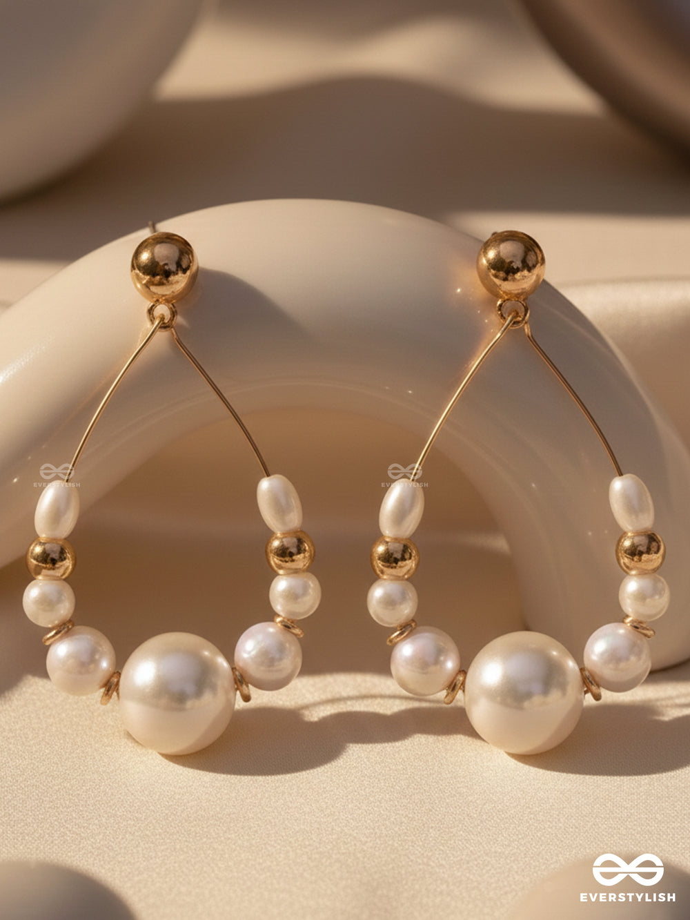 Radiant Pearl Teardrops - Golden Embellished Earrings