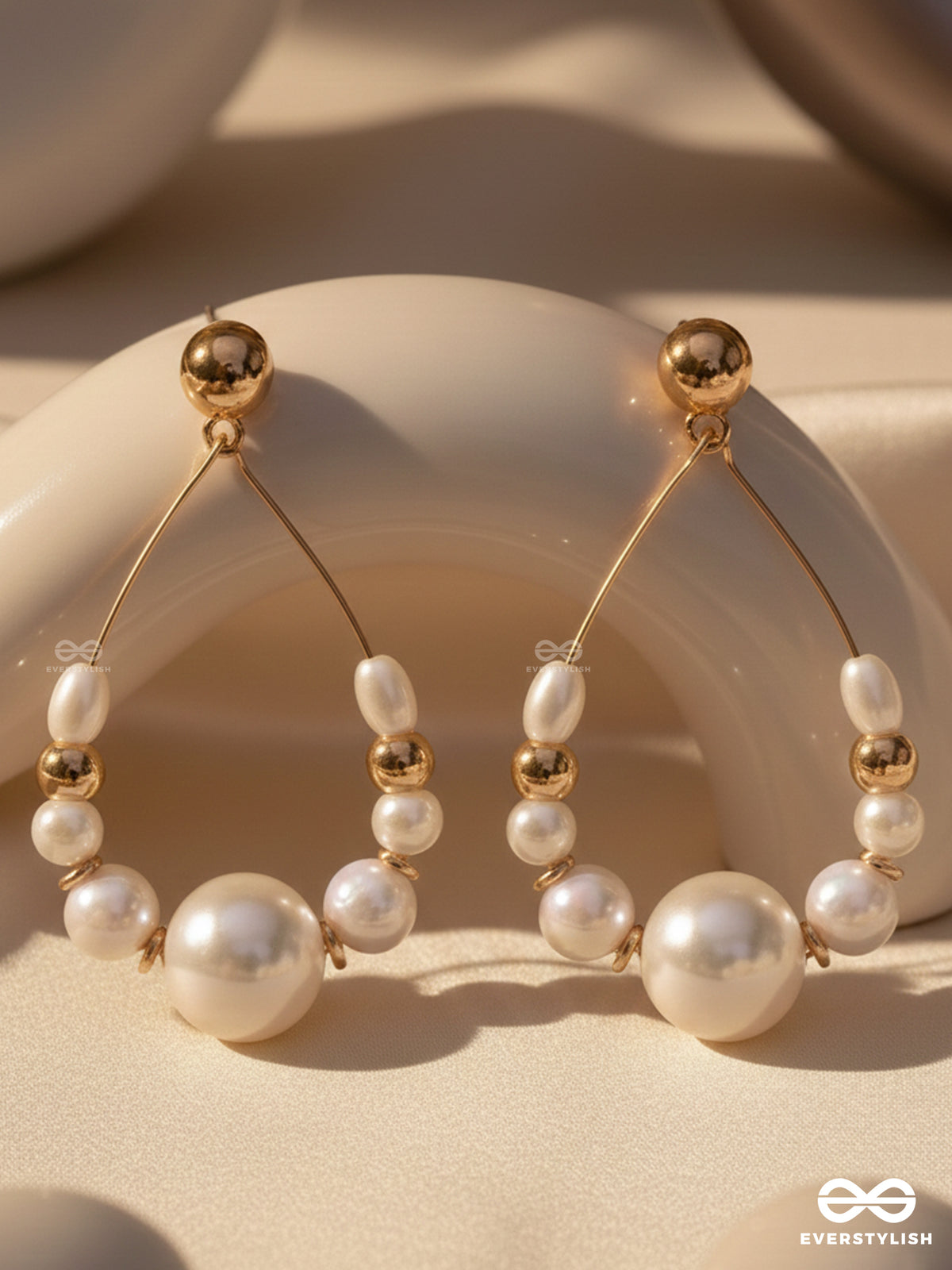 Radiant Pearl Teardrops - Golden Embellished Earrings