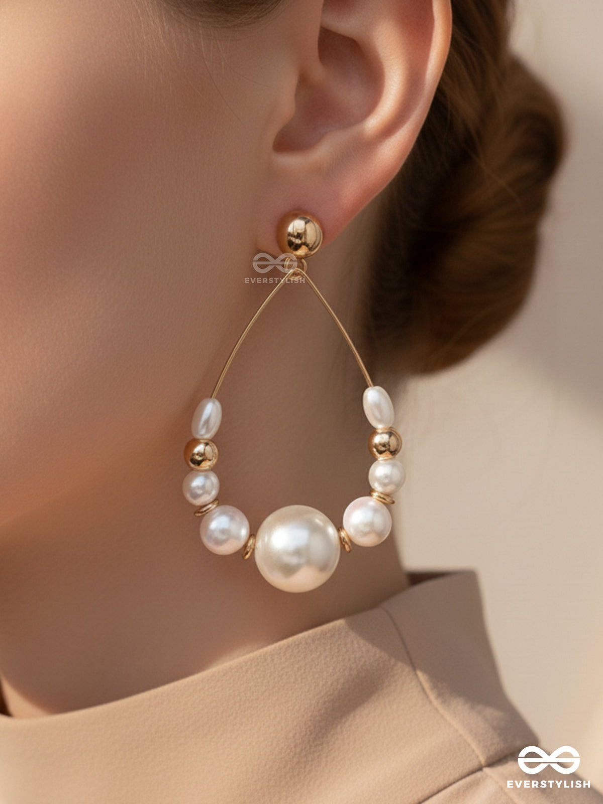 Radiant Pearl Teardrops - Golden Embellished Earrings