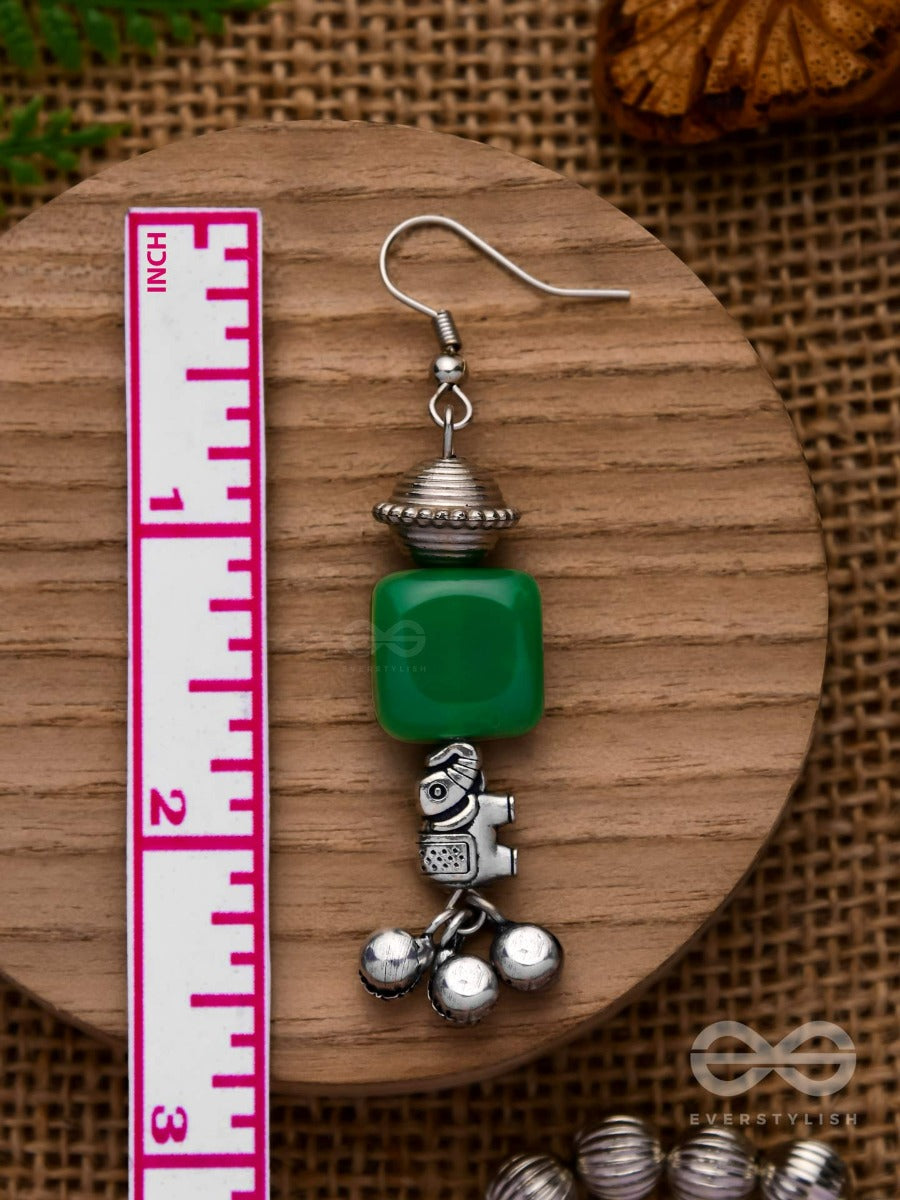 Melodic Emerald Trumpet - Embellished Oxidised Earrings