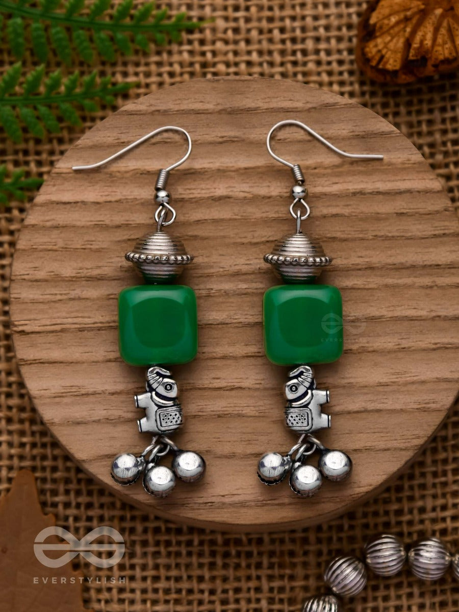 Melodic Emerald Trumpet - Embellished Oxidised Earrings