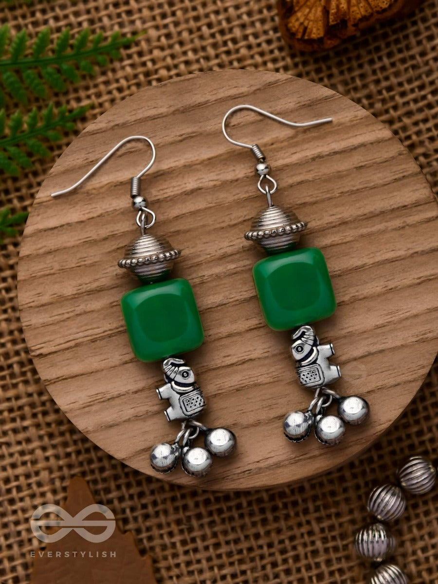 Melodic Emerald Trumpet - Embellished Oxidised Earrings