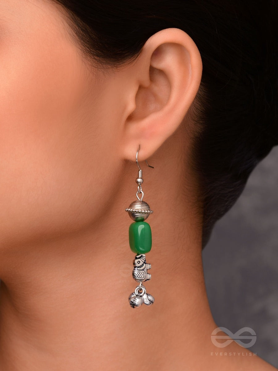 Melodic Emerald Trumpet - Embellished Oxidised Earrings