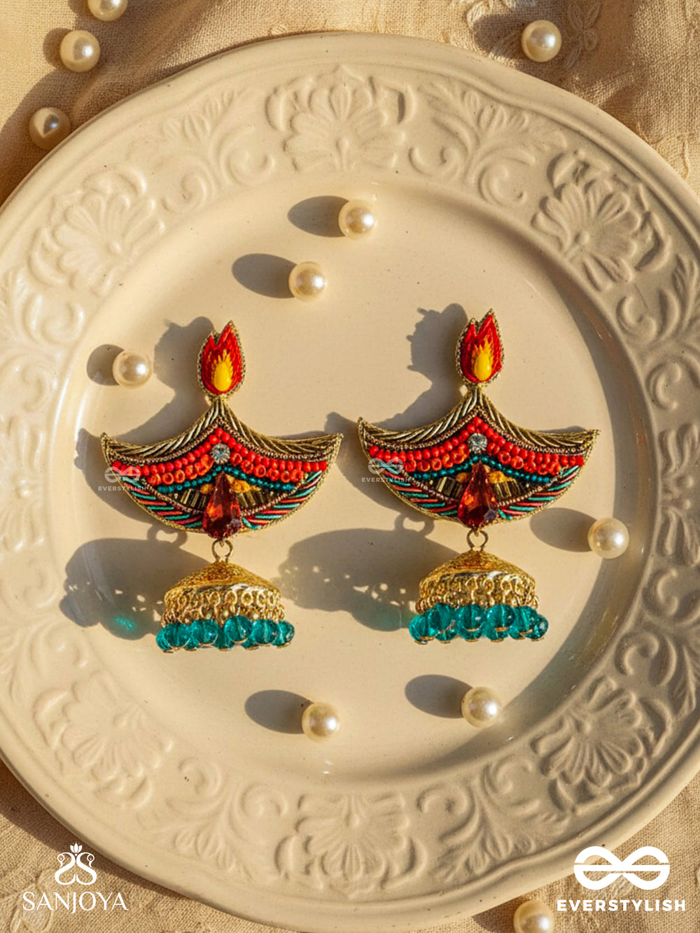 Dipah - Lamp Of Victory - Stone, Resham And Cut Dana Hand Embroidered Earrings