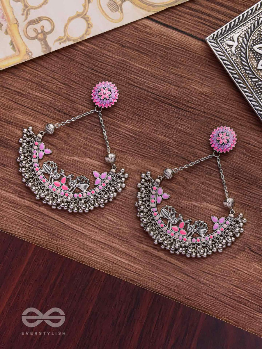 Mystical Peacocks In Lavender - Enamelled Oxidised Earrings