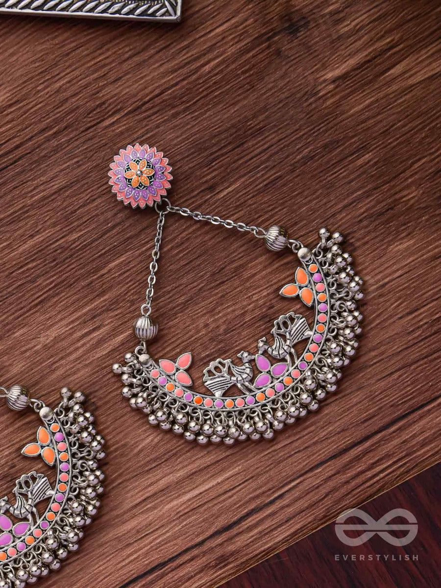Mystical Peacocks In Coral - Enamelled Oxidised Earrings