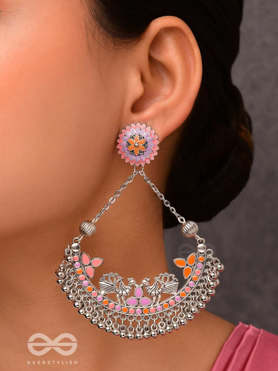 Mystical Peacocks In Coral - Enamelled Oxidised Earrings