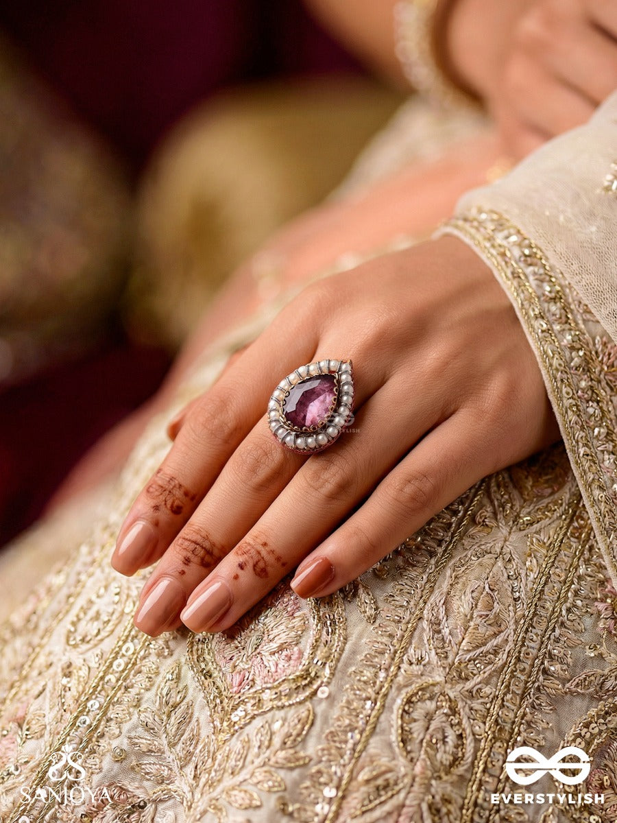 Vrashta - The Magestic Raindrop - Stone And Beads Embroidered Ring