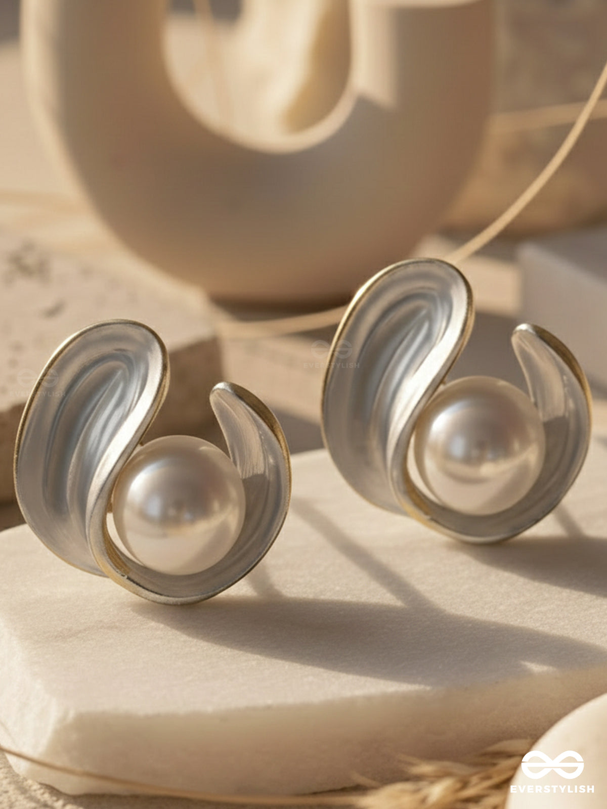 The Curly Pearl - Golden Embellished Stud Earrings