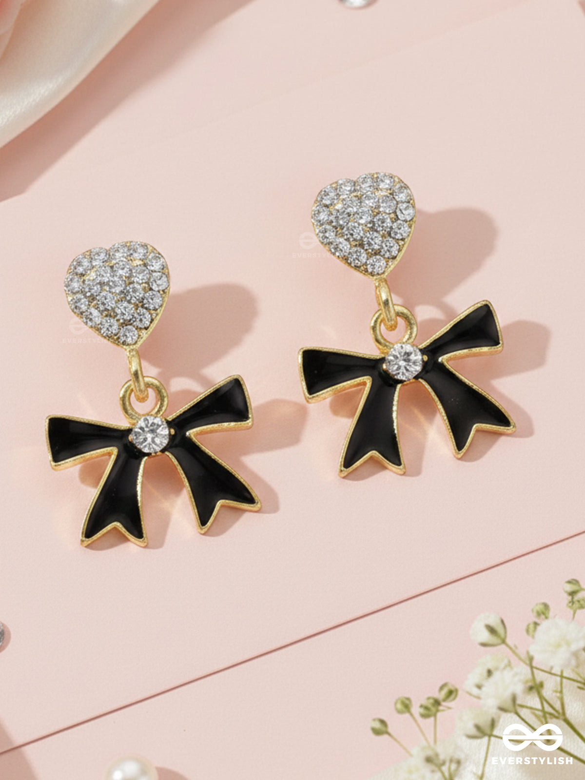 Bow To The Night - Golden And Black Embellished Earrings