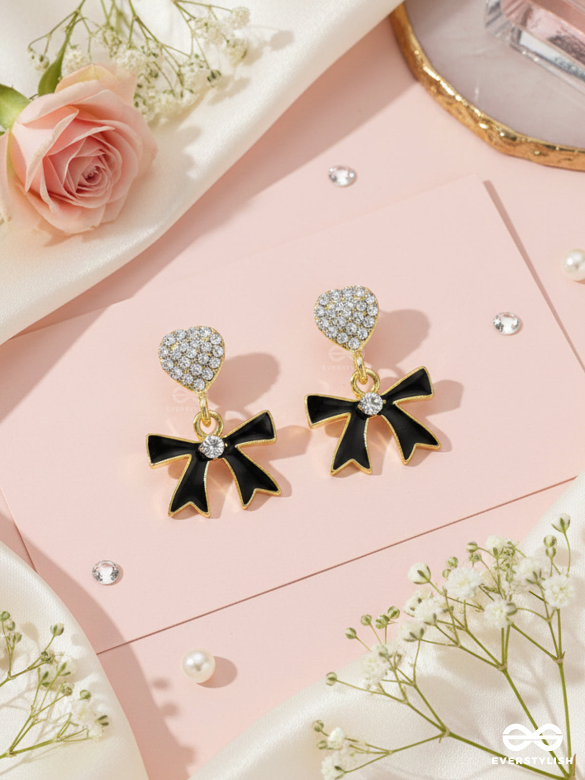 Bow To The Night - Golden And Black Embellished Earrings