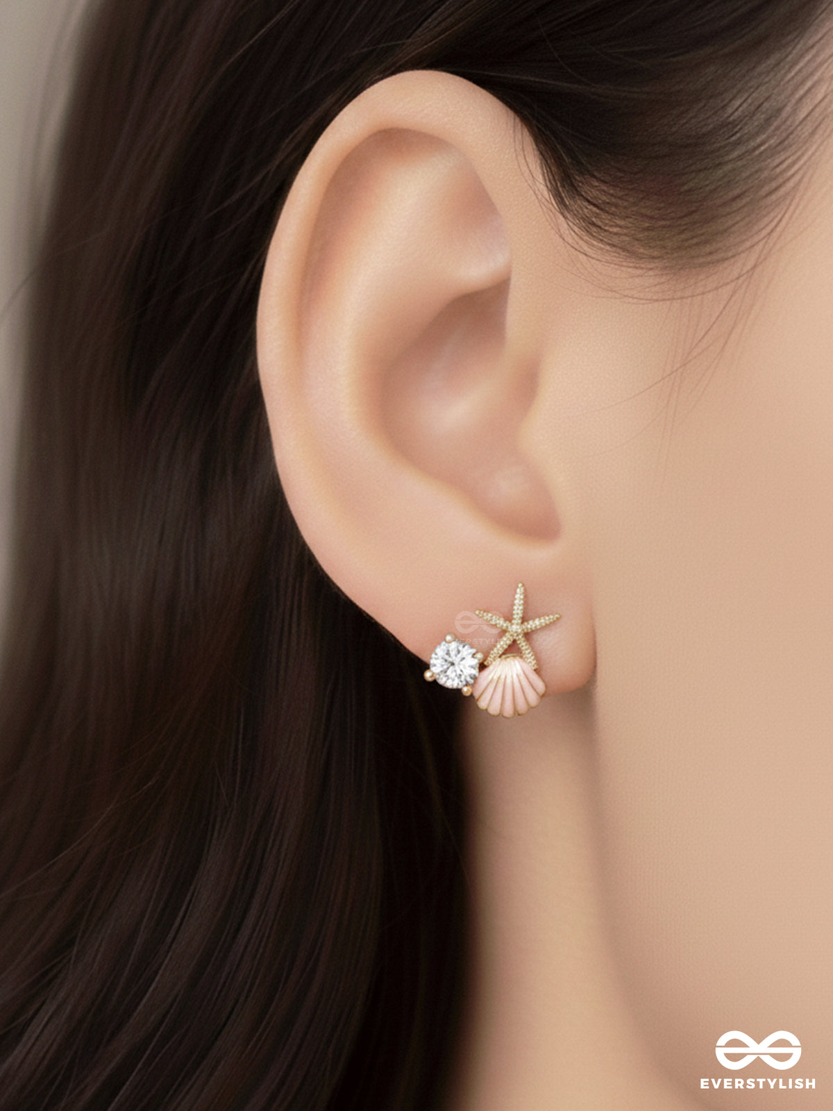 Starfish & Seashell Wishes - Golden And Pink Embellished Stud Earrings