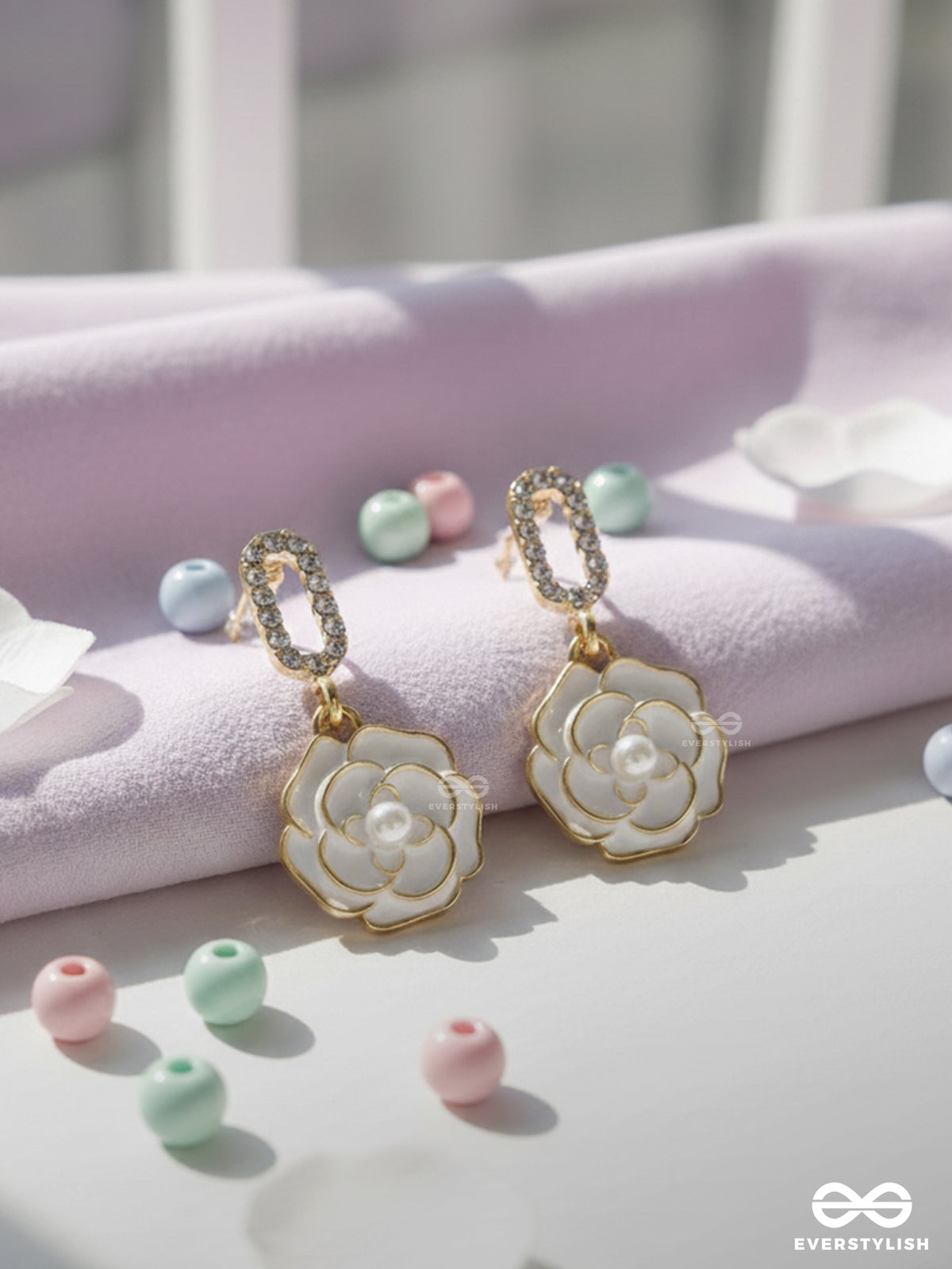 The Midnight Rose - Golden And White Embellished Earrings