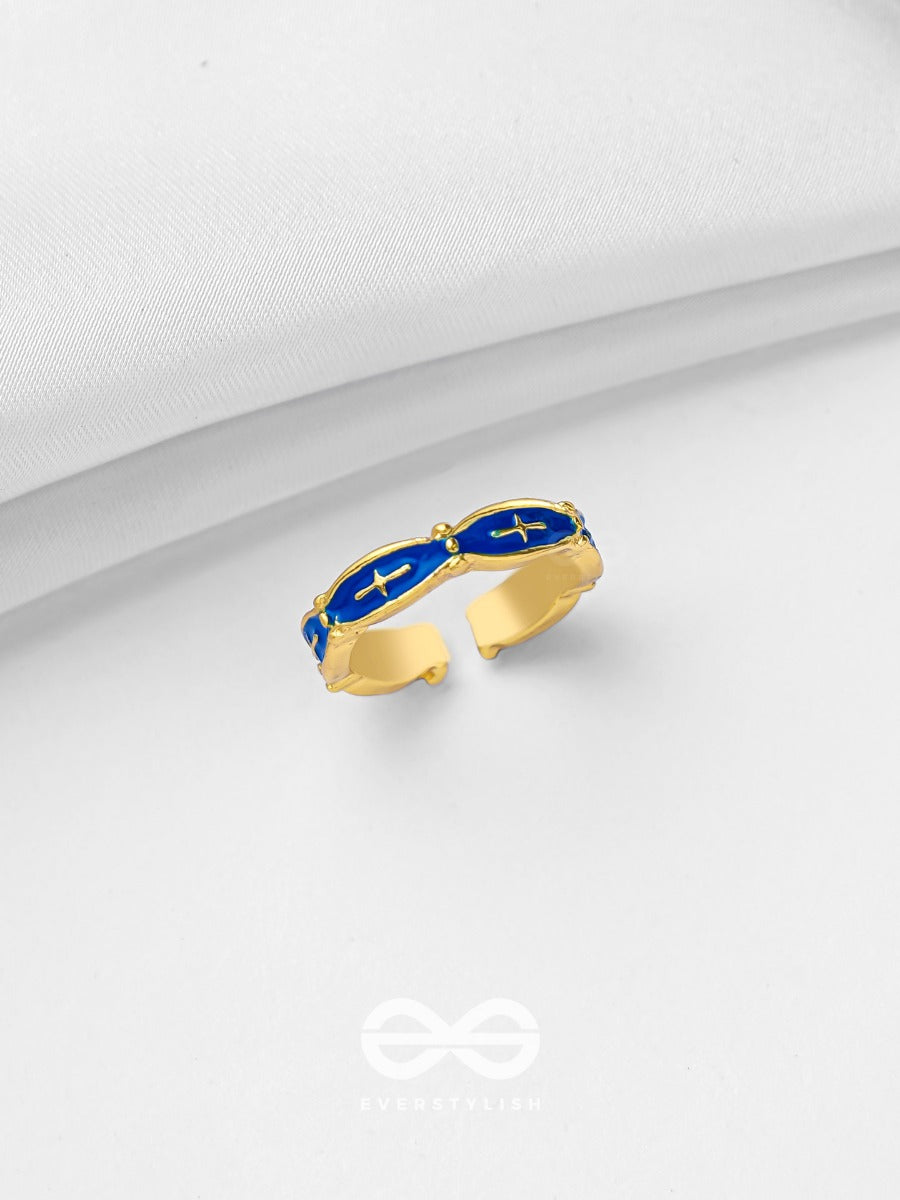 Prussian Prowess - Golden And Blue Embellished Ring (Adjustable)