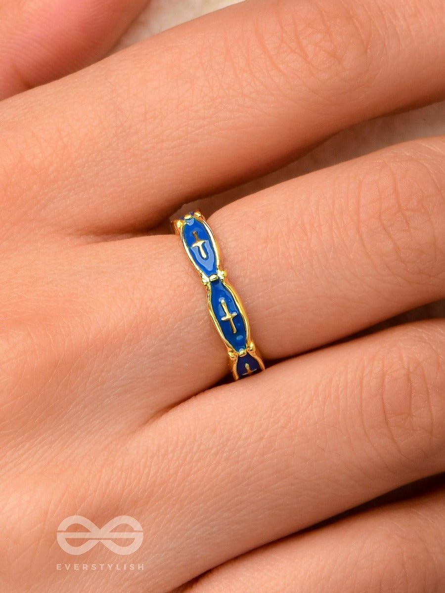 Prussian Prowess - Golden And Blue Embellished Ring (Adjustable)