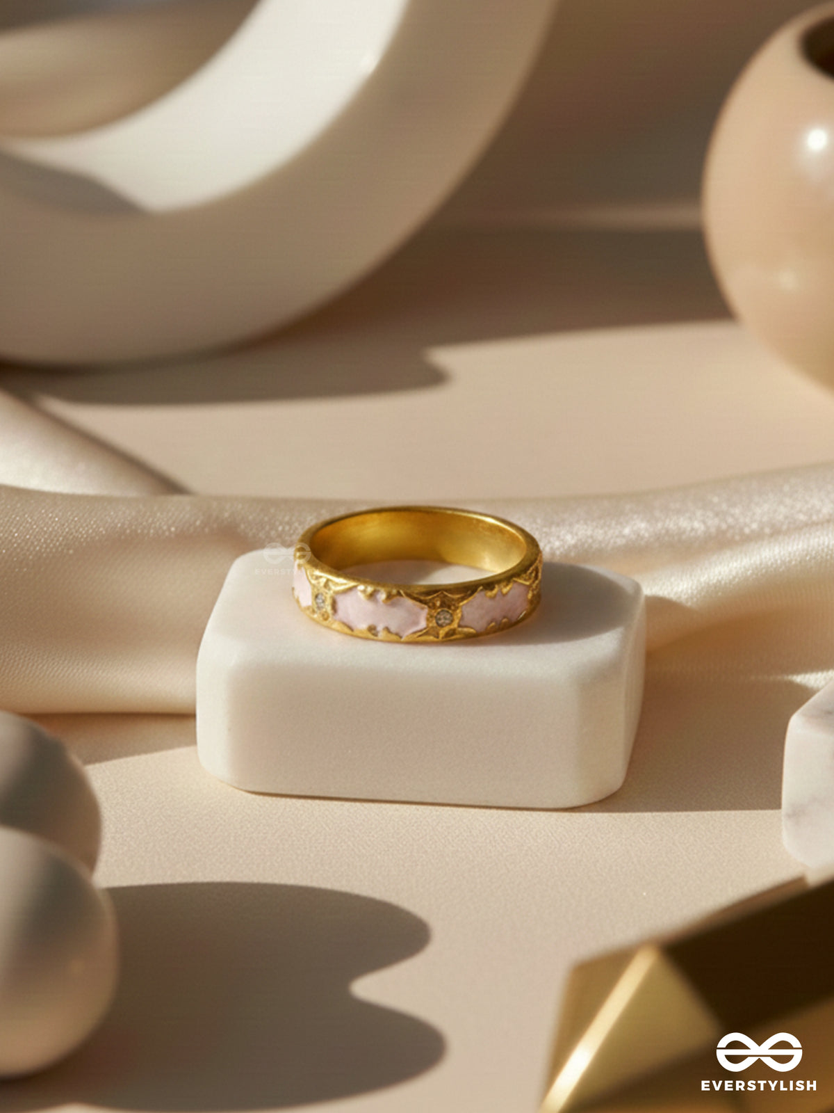 Chamber Of Secrets - Golden And White Embellished Ring (Adjustable)