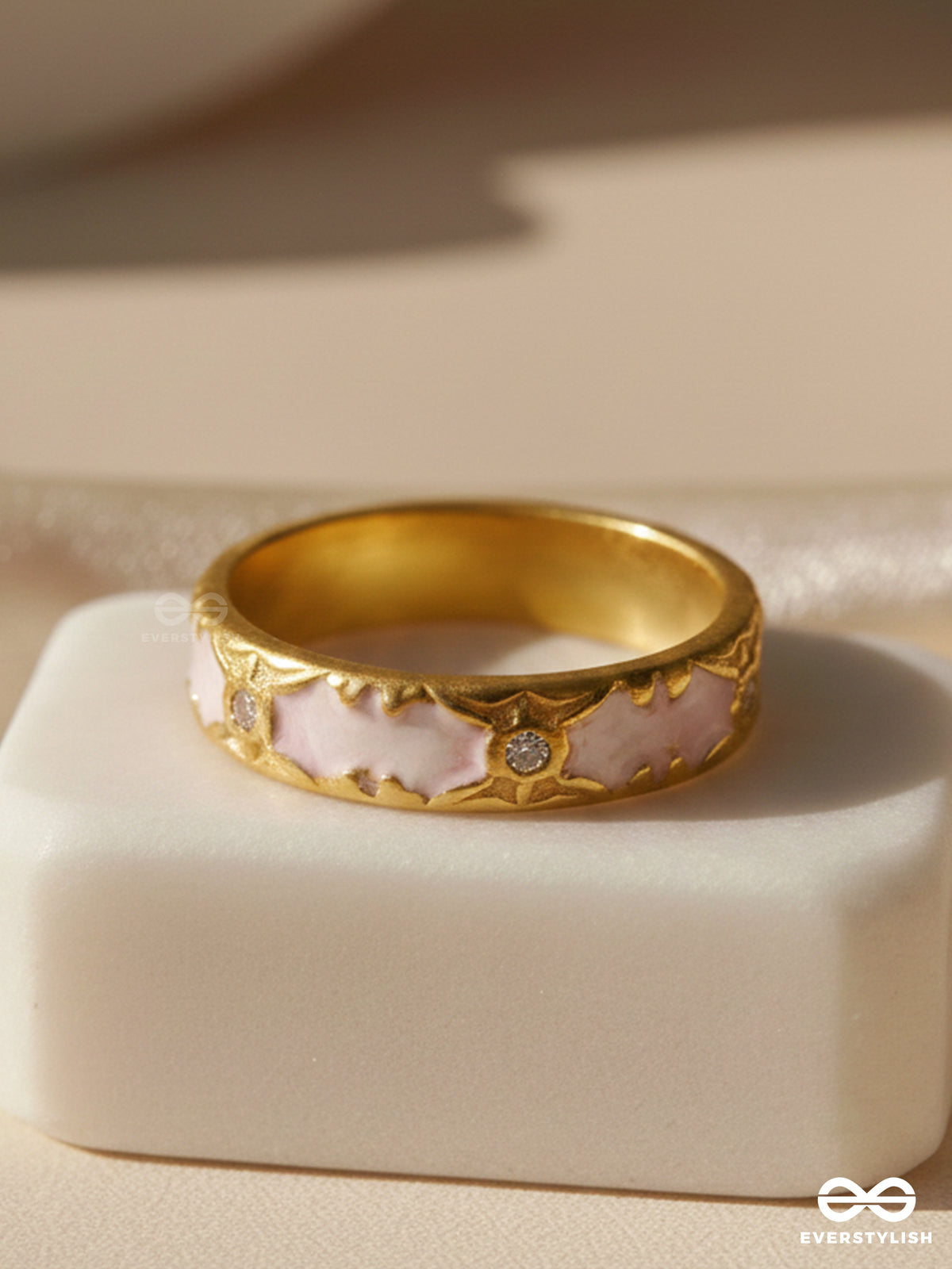 Chamber Of Secrets - Golden And White Embellished Ring (Adjustable)