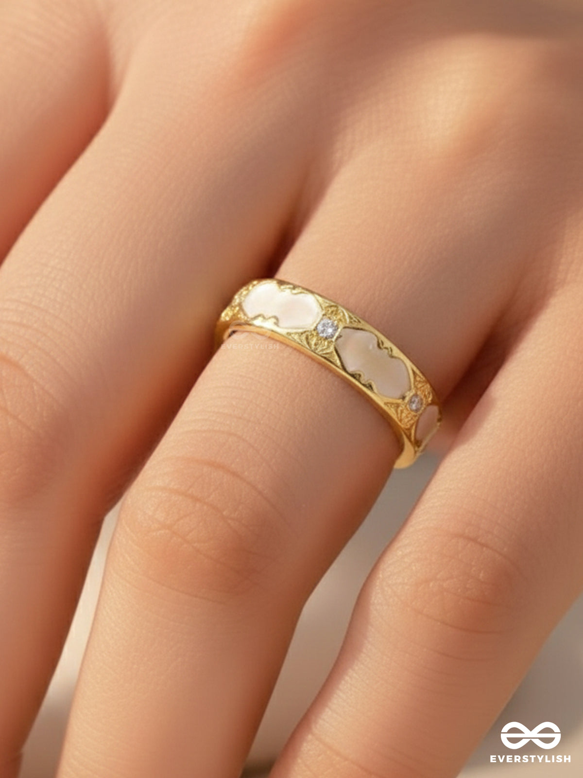 Chamber Of Secrets - Golden And White Embellished Ring (Adjustable)