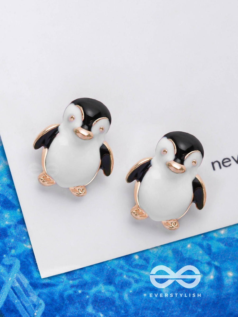 Hello! Mr. Penguin - Golden Embellished Stud Earrings