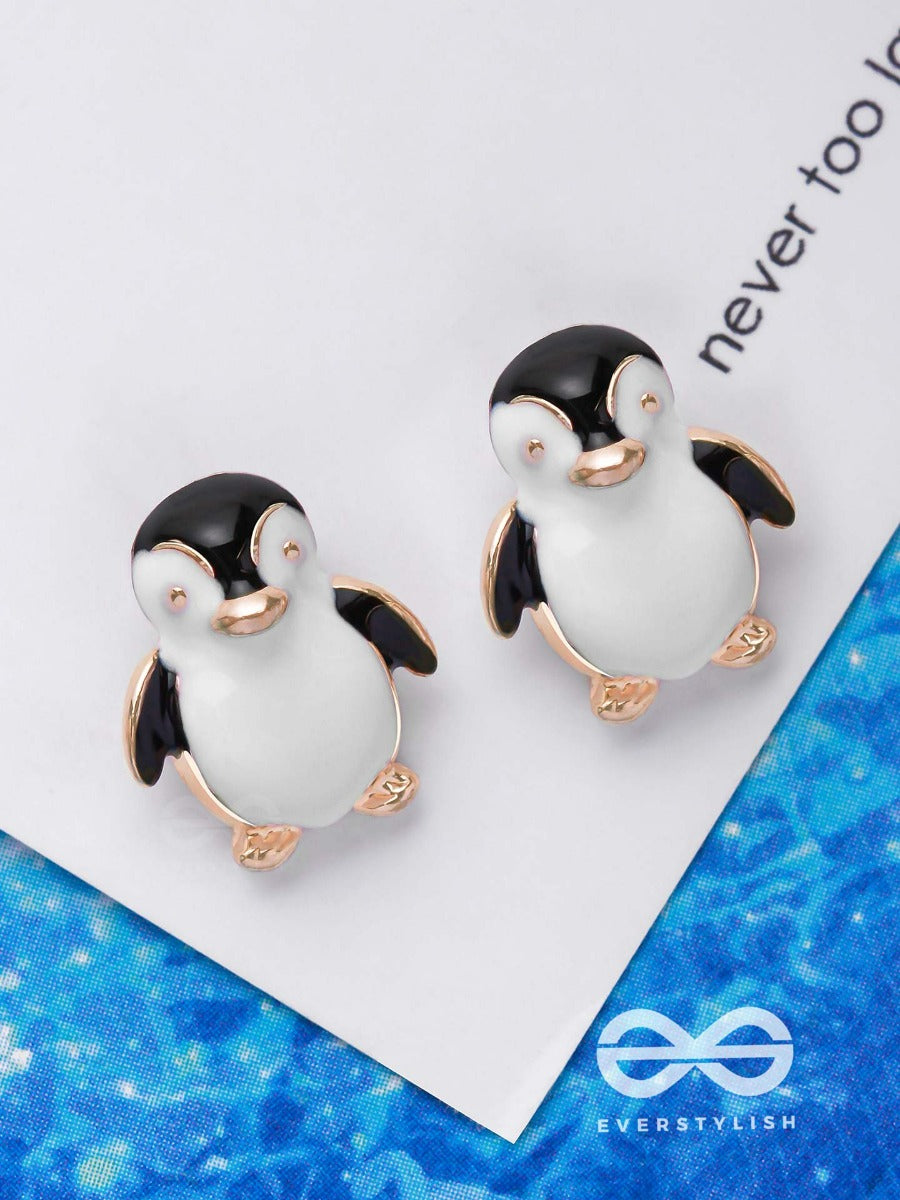 Hello! Mr. Penguin - Golden Embellished Stud Earrings