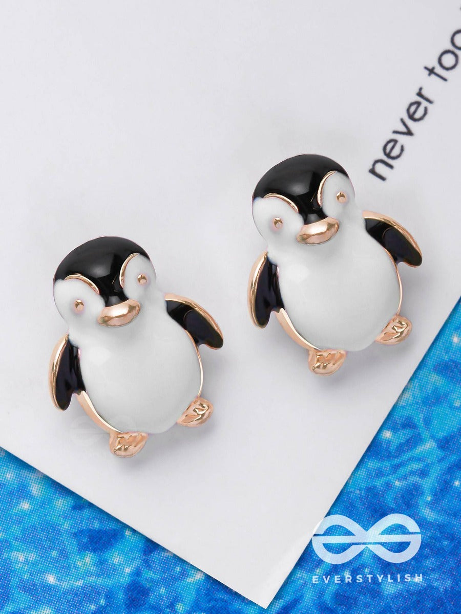 Hello! Mr. Penguin - Golden Embellished Stud Earrings