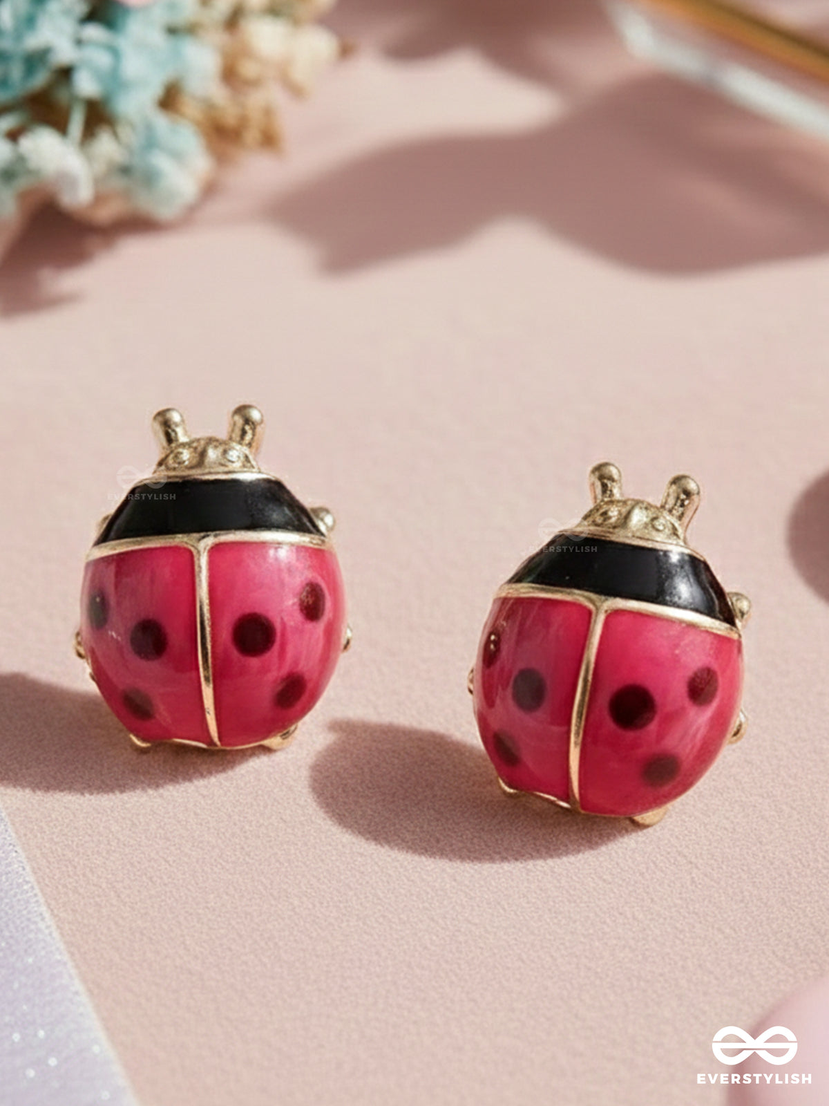 Lovely Little Ladybug - Golden Embellished Stud Earrings